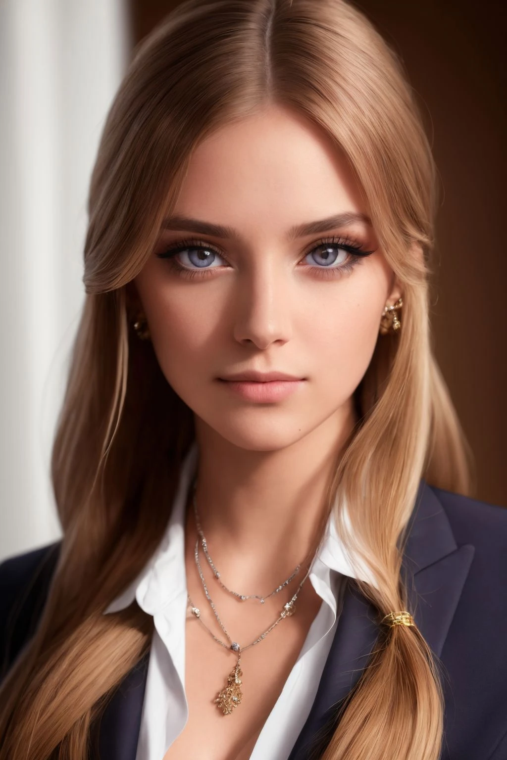 face portrait of 1girl, light long hair, wearing a secretary suit, in an office, (slightly smiling), closeup, (makeup), earring, necklace, detailed eyes, limbal ring, 
(masterpiece, best quality, high quality), hyperdetailed, highres, high detail, intricate detail, HDR, 8k wallpaper, sharp focus, detailed background, realistic, photorealistic, perfect hands, realistic eyes, detailed skin texture, (blush:0.5), (goosebumps:0.5), subsurface scattering
