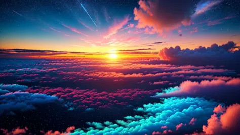 a view of a sunset over the clouds and stars