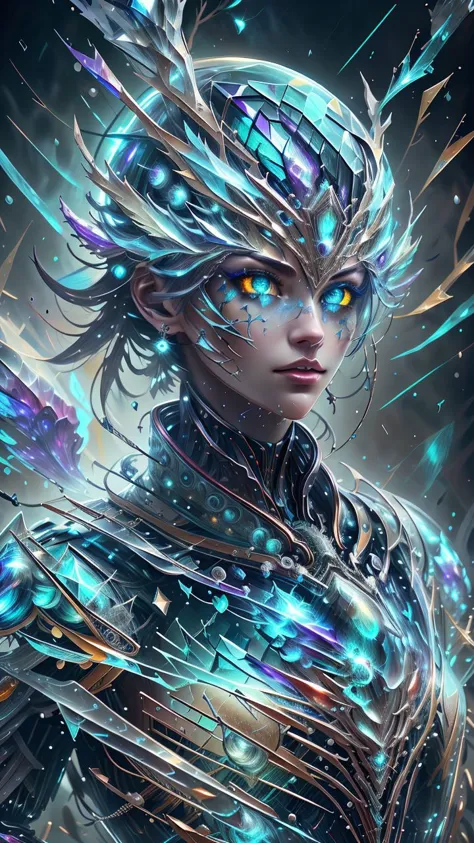 8k,intricate,elegant,highly detailed,majestic,digital photography,cowboy shot,surreal painting,broken glass,(masterpiece, sidelighting, finely detailed beautiful eyes:1.2),hdr,<lora:kVoidEnergy-000001:0.8>,void3nergy,lightning storm,woman,wearing regal battle armor,raining,beautiful,facing viewer t,masterpiece,GlowingRunesAIV2_red on armor,upper body,<lora:smokeanywhere:0.8>,smokeanywhere,<lora:magicarmorai-000011:0.5>,<lora:wowifierV3:0.5>,by mooncryptowow,halo,psychedelic,cyberpunk robot,complex robot,<lora:IceAI:0.4>,IceAI,<lora:GlassTech-20:0.5>,glasstech,transparent,scifi,