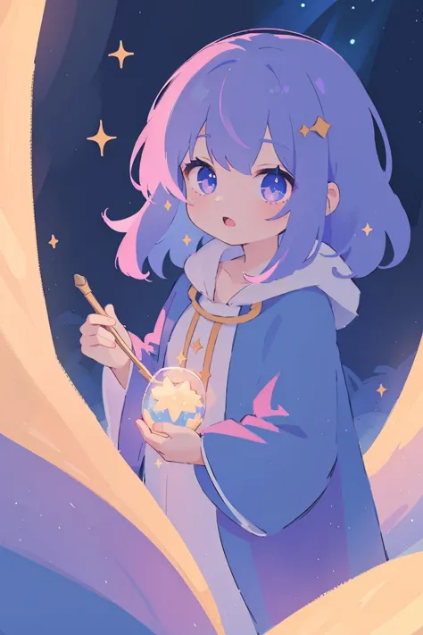 1人の女の子, かわいい, 特大サイズの魔法使いの衣装を着て, 魔法の, 星が輝く夜, (傑作, 最高品質), 映画照明, ハイコントラスト, 8K, デジタルアート, 輝く, 咲く