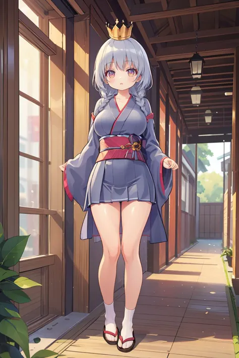 (masterpiece, best quality), 1girl, Red Twisted Crown Braid, Size G breasts, Slate gray Kimono top and Pleated knit midi skirt with a ribbed waistband, socks, Standing with legs apart, arms extended,       <lora:shuz:1> shuz