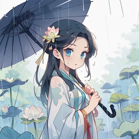 A woman holds a oil-parapluie en papier on her shoulder to shelter from the pluie as part of a fashion event in the style of Yue Xiaofei,jade clair,rêve éthéré,Tang Youhong,élégant,Conception détaillée,dansaekhwa,
Joil-parapluie en papier,vêtements chinois,Tenir un parapluie,pluie,(Peau laiteuse, peau brillante:1.3),(feuille de lotus:1.2),
parapluie en papier,