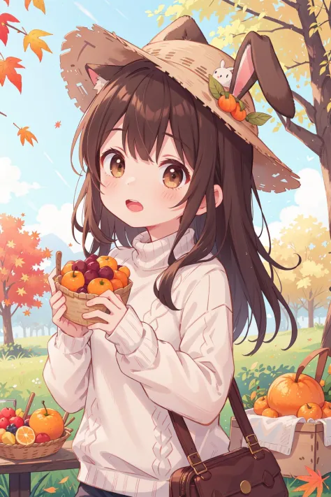 1girl,outdoors,hat,autumn leaves,white sweater,long hair,black hair,food,fruit,animal ears,rabbit,solo,sweater,autumn,holding,tr...