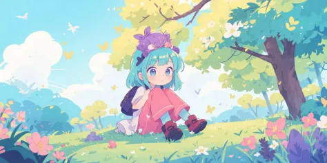 (colour:1.5),girl,
Blue,yellow,green,cyan,purple,red,pink,
A girl with flowers on her head was sitting on the grass. There were ...