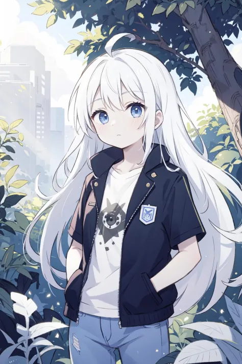 1girl, blue eyes, white hair, very long hair, ahoge, pale skin, leaf, expressionless, closed mouth, plant, foliage, outdoors, looking at viewer, sunlight, bokeh, light particles, flat chest, shirt, jeans, blue sky, clouds, petite, trees, (monochrome:1.2), glowing eyes, sketch, drawing, (pencil drawing:1.2), half-closed eyes, cold attitude, open jacket, rough drawing, hands in pockets, solo, short sleeves