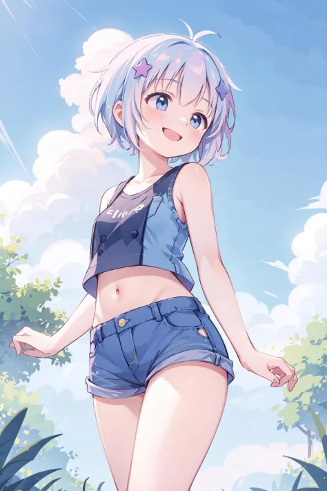 Masterpiece,best quality,1Girl,solo,shorts,short hair,from below,sky,clouds,denim shorts,sky,denim,smile,cut,back arms,blue shor...