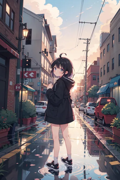 1girl,outdoors,reflection,road,puddle,solo,street,sky,black hair,building,cloud,standing,hood,shoes,sleeves past wrists,power li...