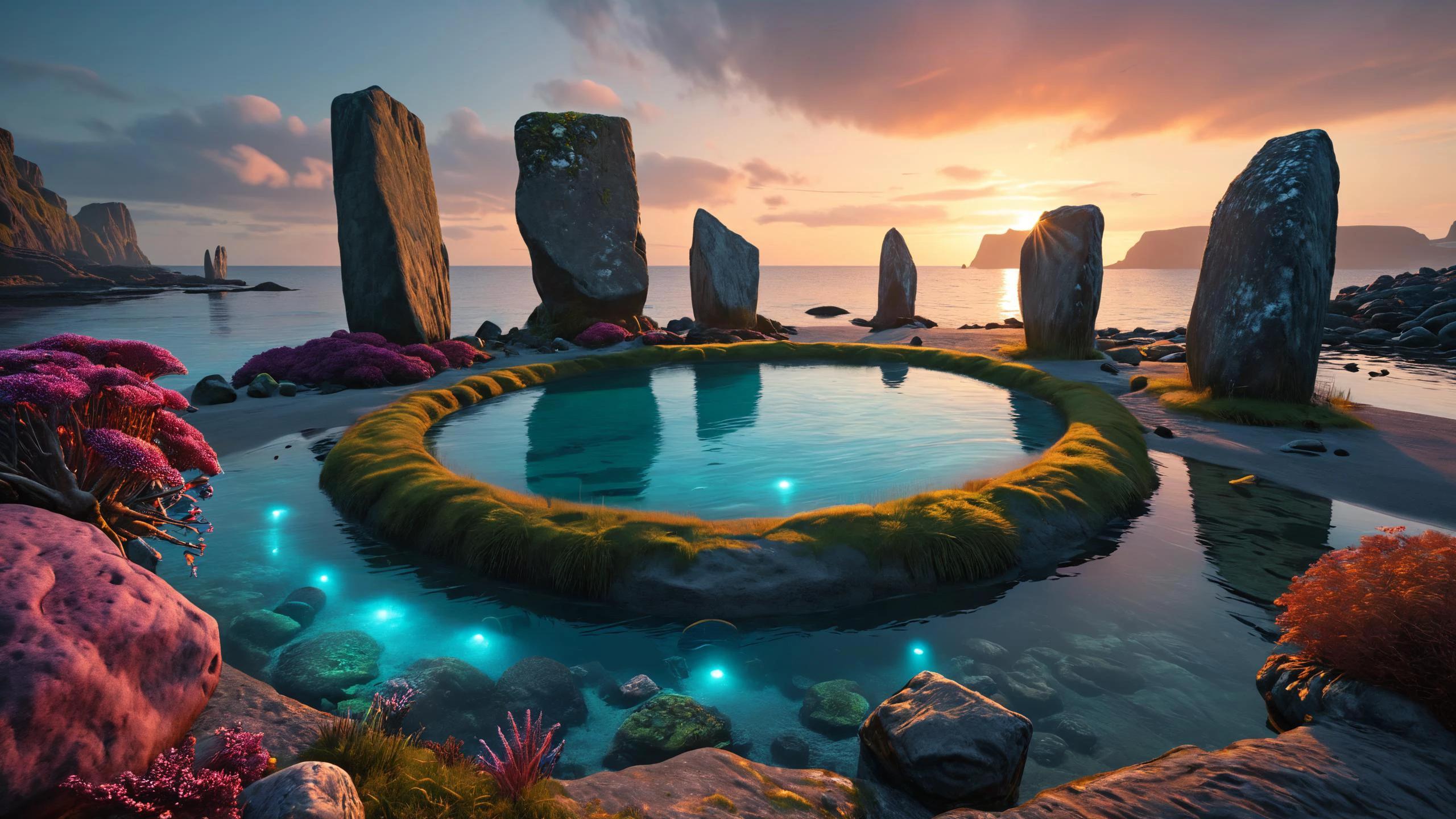 photorealistic detailed digital illustration of a circle of standing stones, 8k, Bioluminescent reefs teeming with vibrant marine life in the background,, dream, cin3 neosurrealism, in the style of Scottish landscape art, trending on artstation, Greg Rutkowski  