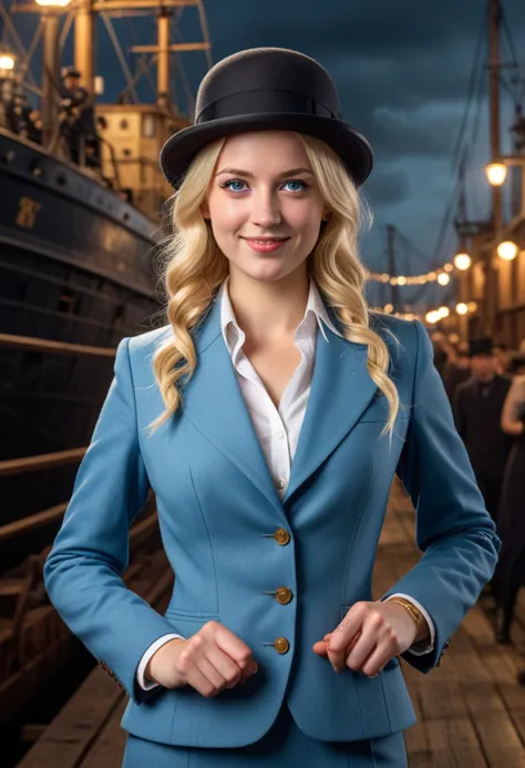 (medium full shot) of (attractive gangster) young woman,german, blue eyes, fair skin, medium build,             wearing a light blue  three-piece suit, bowler hat, black dress shoes, blonde hair, pocket watch, holding a brass knuckles, smiling at the viewer,  set in the year 1920, in  a bustling dock during the day, with the shouts of dockworkers, the clinking of chains, and the constant movement of goods being transported, at night, Masterpiece,best quality, photorealistic, amazing quality, very aesthetic, extremely detailed face,