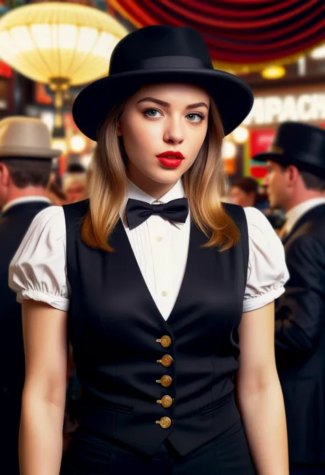 (medium full shot) of (gorgeous gangster) young woman,french, green eyes, light skin, petite,             wearing a black  waistcoat and trousers, panama hat, wingtip shoes, brown hair, cigar, holding a brass knuckles, surprised, open mouth, pointing her finger at the viewer,  set in the year 1920, in  a ritzy nightclub, with art deco design elements, a well-dressed crowd, and the vibrant sounds of a jazz band filling the air, creating a scene of sophisticated revelry, at sunset, ,Masterpiece,best quality, photorealistic, amazing quality, very aesthetic, extremely detailed face,