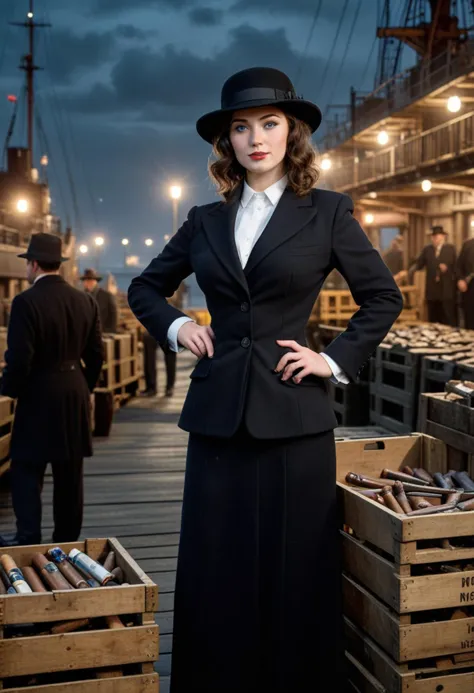 (medium full shot) of (desirable gangster) young woman,irish, blue eyes, fair skin, curvy,             wearing a black  wool suit, homburg hat, spectator shoes, dark hair, cigar, holding a revolver, smiling at the viewer,  set in the year 1920, in  a busy dock, with workers unloading cargo, crates being moved, and the salty air filled with the sounds of maritime activity, at night, Masterpiece,best quality, photorealistic, amazing quality, very aesthetic, extremely detailed face,