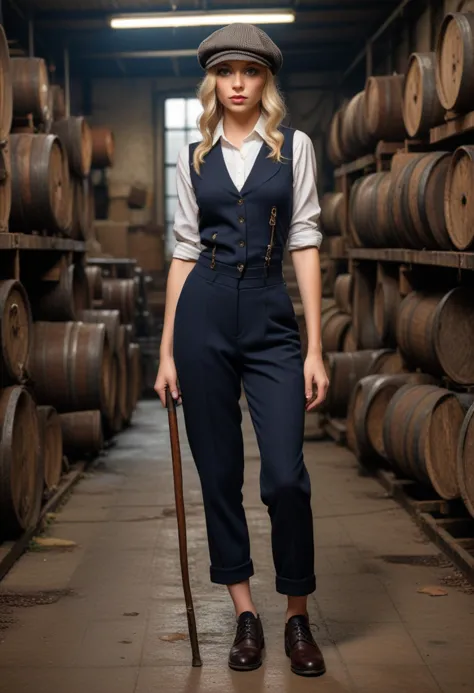 ((fashion photography)), perfect face, perfect eyes, (medium full shot) of  (supermodel gangster) young woman, polish, blue eyes, fair skin, lithe, wearing a black  waistcoat and trousers, tweed newsboy cap, wingtip shoes, blonde hair, walking cane, holding a brass knuckles, set in the year 1920, in  a hidden warehouse, with a false front, clandestine meetings taking place, and the smell of damp wood and gasoline, at sunset, laughing, jumping in the air, masterpiece, best quality, photorealistic, very aesthetic