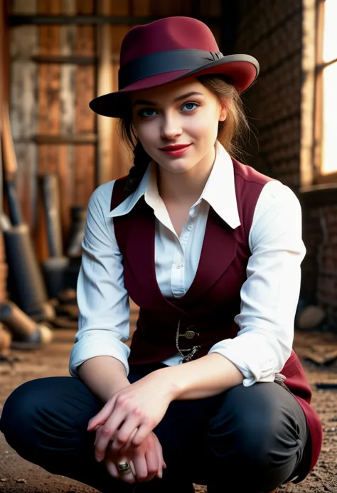 (medium full shot) of (bonnie gangster) young woman,polish, blue eyes, fair skin, medium build,             wearing a deep burgu...