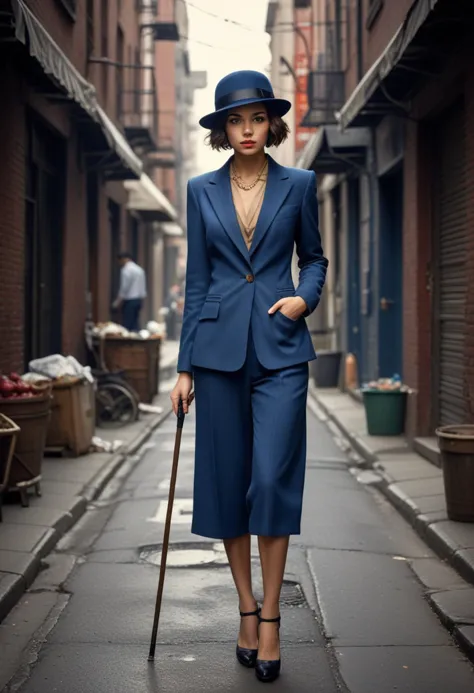 ((fashion photography)), perfect face, perfect eyes, (medium full shot) of  (gorgeous gangster) young woman, jewish, brown eyes, tan skin, tiny, wearing a blue  wide-lapelled suit, bowler hat, black leather shoes, brown hair, walking cane, holding a brass knuckles, set in the year 1920, in  a gritty city street, with shadowy alleyways, street vendors selling their goods, and the ever-present hum of the urban landscape filled with the echoes of the jazz age, laughing, arms crossed, masterpiece, best quality, photorealistic, very aesthetic