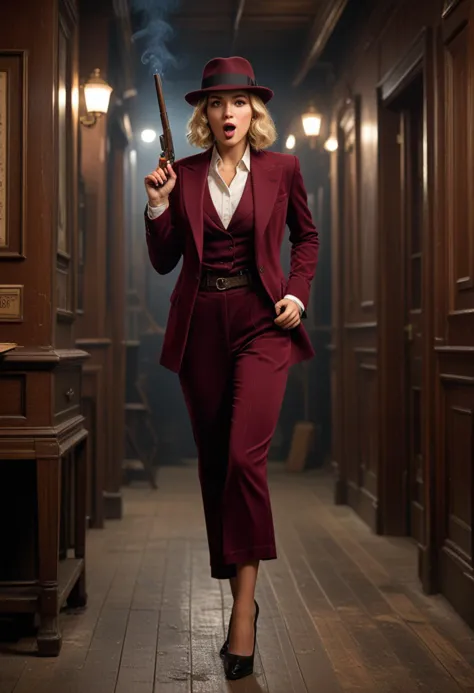 (medium full shot) of (supermodel gangster) young woman,american, hazel eyes, light tan skin, athletic build,             wearing a deep burgundy  tailored suit, black fedora, spectator shoes, blonde hair, cigar, holding a Tommy gun, surprised, open mouth, running toward the viewer,  set in the year 1920, in  a clandestine speakeasy, filled with whispers of secret deals, luxurious velvet drapes, and the scent of expensive cigars mingling with the sound of clinking glasses, at night, Masterpiece,best quality, photorealistic, amazing quality, very aesthetic, extremely detailed face,