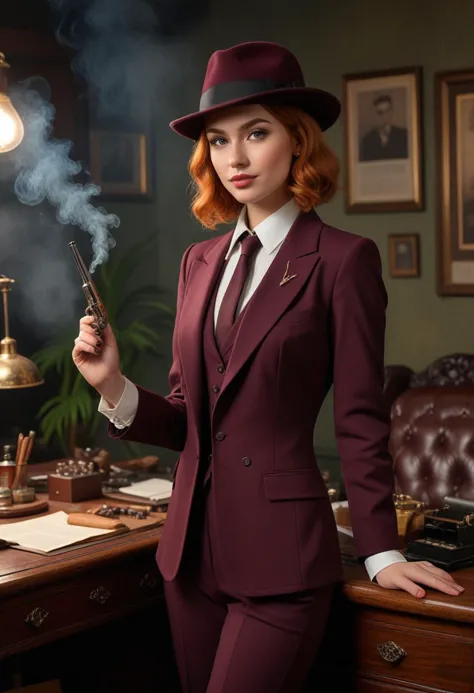 ((fashion photography)), perfect face, perfect eyes, (medium full shot) of  (attractive gangster) young woman, russian, green eyes, fair skin, lithe, wearing a deep burgundy  three-piece suit, homburg hat, two-tone shoes, ginger hair, cigar, holding a snub-nose revolver, set in the year 1920, in  a smoke-filled office, with a heavy wooden desk, leather chairs, and the scent of cigars and old paper lingering in the air , at night, smiling at the viewer, masterpiece, best quality, photorealistic, very aesthetic