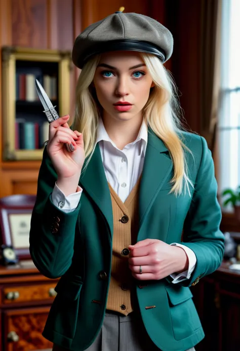 (medium full shot) of (angelic gangster) young woman,polish, blue eyes, fair skin, medium build,             wearing a dark green  tailored suit, tweed newsboy cap, black leather shoes, blonde hair, pocket watch, holding a switchblade knife , surprised, open mouth, pointing her finger at the viewer,  set in the year 1920, in  an opulent office, with rich mahogany furniture, a plush rug, and the air filled with the faint scent of cologne and leather , ,Masterpiece,best quality, photorealistic, amazing quality, very aesthetic, extremely detailed face,