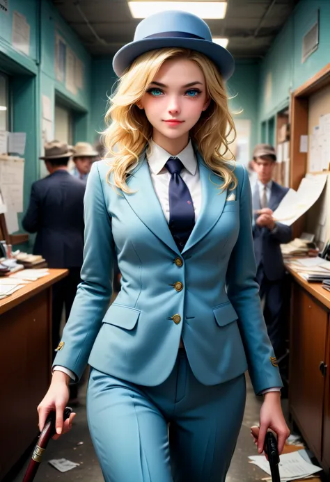 (medium full shot) of (supermodel gangster) young woman,russian, green eyes, fair skin, medium build,             wearing a light blue  tailored suit, felt hat, two-tone shoes, blonde hair, walking cane, holding a snub-nose revolver, smiling at the viewer,  set in the year 1920, in  a chaotic office, with papers strewn everywhere, a telephone ringing off the hook, and an air of frantic activity and tension , at night, ,Masterpiece,best quality, photorealistic, amazing quality, very aesthetic, extremely detailed face,