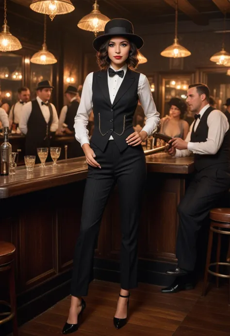 ((fashion photography)), perfect face, perfect eyes, (medium full shot) of  (lovely gangster) young woman, spanish, brown eyes, tan skin, slim, wearing a black  waistcoat and trousers, panama hat, patent leather shoes, dark hair, cigar, holding a sawed-off shotgun, set in the year 1920, in  an exclusive nightclub, with a stylish bar serving prohibition-era cocktails, guests in black-tie attire, and the electric energy of the roaring twenties in full swing, at night, smiling at the viewer, masterpiece, best quality, photorealistic, very aesthetic