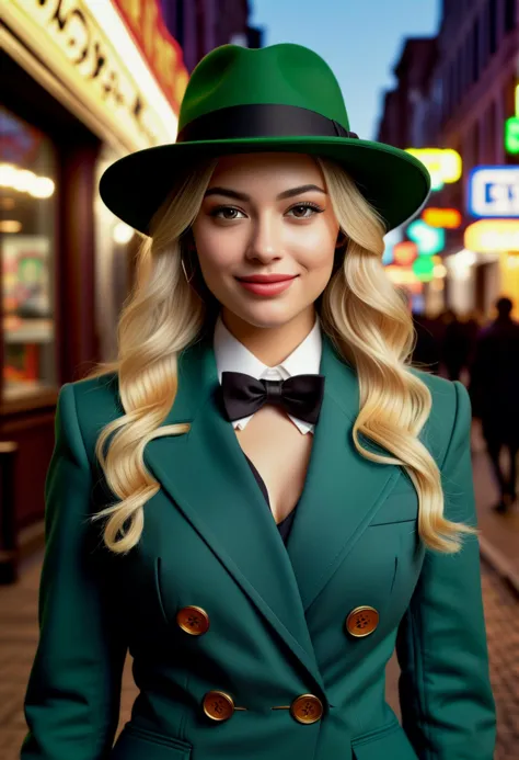 (medium full shot) of (gorgeous gangster) young woman,spanish, brown eyes, tan skin, curvy,             wearing a dark green  double-breasted suit, felt hat, polished oxfords, blonde hair, bow tie, holding a brass knuckles, smiling at the viewer,  set in the year 1920, in  a vibrant street scene, with neon signs illuminating the night, couples strolling arm in arm, and the sounds of jazz and laughter spilling out from nearby clubs and speakeasies, ,Masterpiece,best quality, photorealistic, amazing quality, very aesthetic, extremely detailed face,