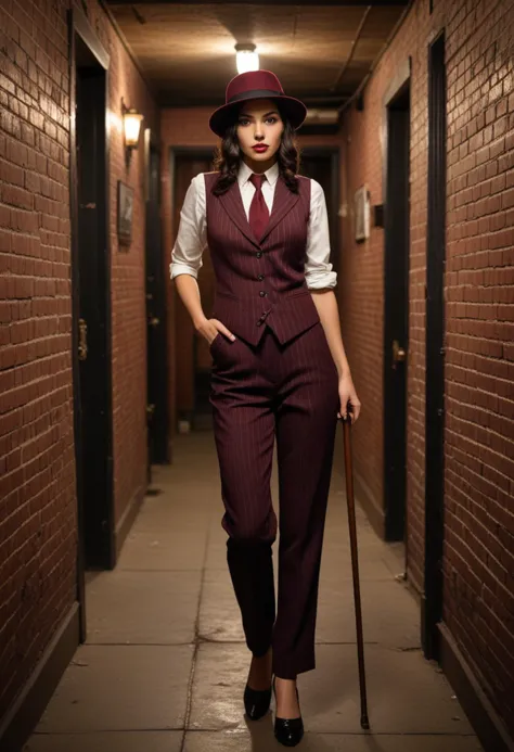 ((fashion photography)), perfect face, perfect eyes, (medium full shot) of  (esthetic gangster) young woman, italian, hazel eyes, tan skin, Average, wearing a deep burgundy  pinstripe vest and trousers, felt hat, patent leather shoes, dark hair, walking cane, holding a Tommy gun, set in the year 1920, in  an underground speakeasy, tucked away in a basement, with brick walls adorned with vintage posters, a lively jazz trio playing, and an atmosphere thick with intrigue and revelry, surprised, open mouth, pointing her finger at the viewer, masterpiece, best quality, photorealistic, very aesthetic