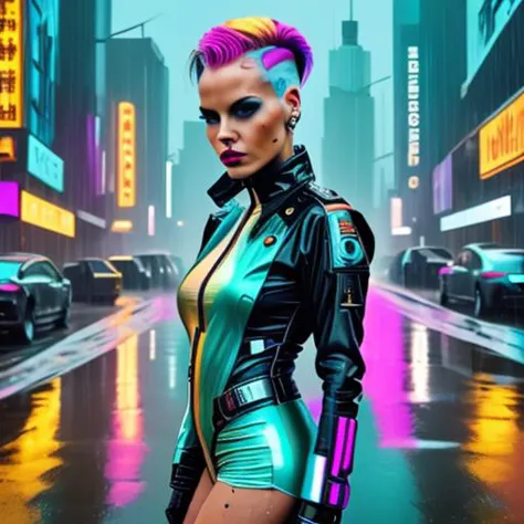 a woman in a futuristic outfit standing on a city street