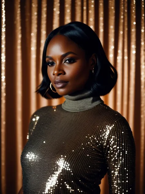 a woman in a gold dress posing for a picture