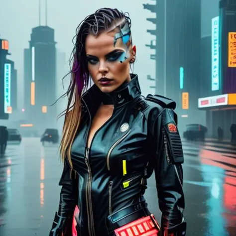 a woman in a black leather jacket and neon blue makeup