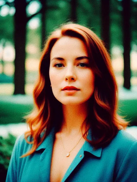 a close up of a woman with a blue shirt and necklace