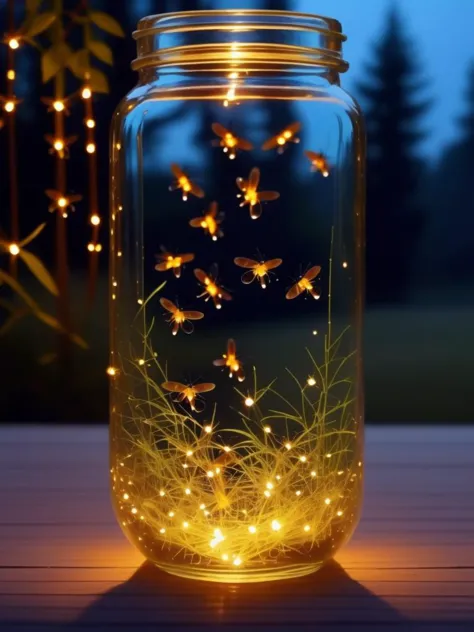 a jar filled with fireflies and some lights on a table