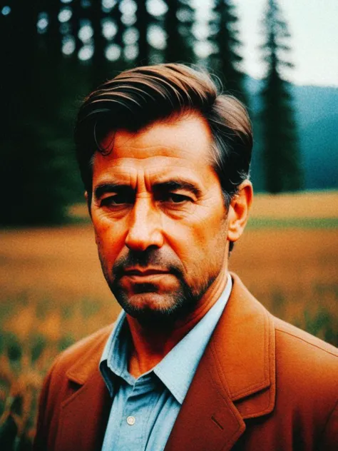 a close up of a man in a brown jacket standing in a field