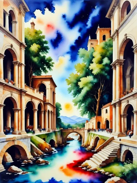 a painting of a river with a bridge and buildings in the background