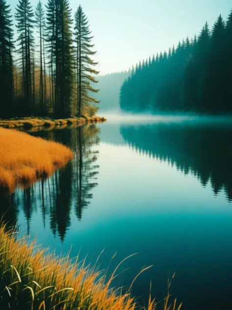 a view of a lake with a few trees and grass