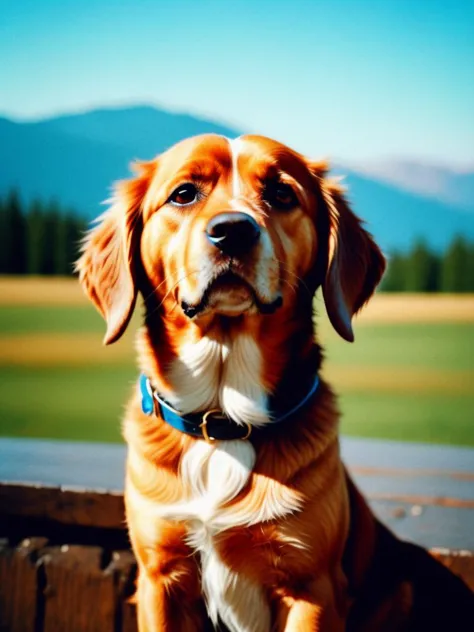 there is a dog that is sitting on a bench in the grass