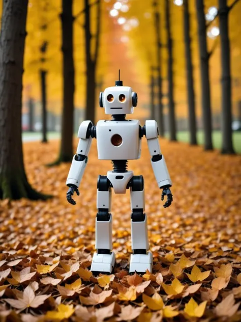 a close up of a robot standing in a leaf covered park