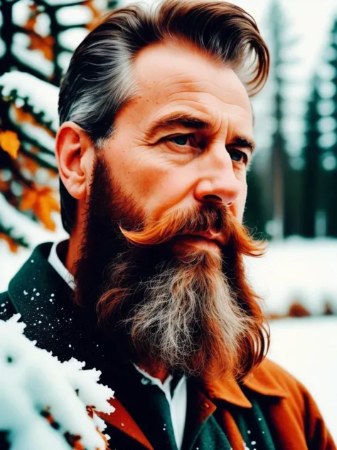 a man with a long beard and a mustache in the snow