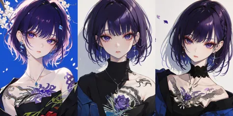 anime girl with purple hair and tattoos with flowers on her chest