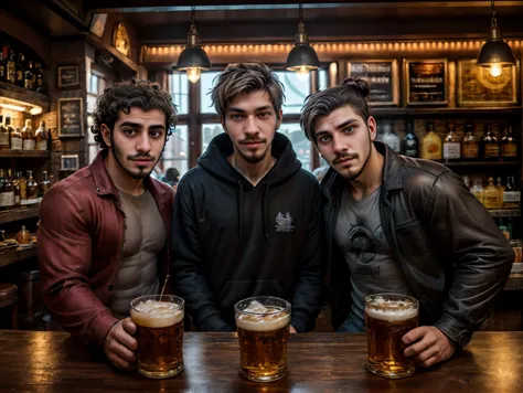 three men sitting at a bar with beers in front of them