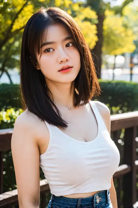 18 years old girl, (((at park))), (white tank top), jeans,  RAW photo, (photorealistic:1.37, realistic), highly detailed CG unified 8K wallpapers, 1girl, ((thick body:0.8)), (clevage, huge breasts:0.8), looking at viewer, (((straight from front))), (HQ ski...