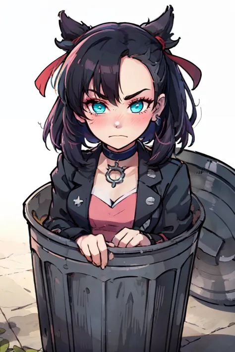 ((Meisterwerk,beste Qualität)), Anime-Stil,  Trash Waifu, 1 Mädchen, Stirnrunzeln, Erröten, wütend,   Abonnieren, Aqua Augen, schwarzes Halsband, rotes Band, Pinkes Kleid, Schmuck, schwarze Jacke, offene Kleidung, lange Ärmel,