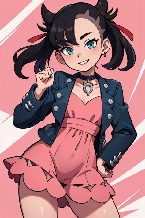 ((masterpiece,best quality)), absurdres, <lora:marnie_v1:0.7>, hmmarnie, aqua eyes, black choker, red ribbon, pink dress, jewelry, black jacket, open clothes, long sleeves,  solo, smiling, looking at viewer, cowboy shot,  inematic composition, dynamic pose...