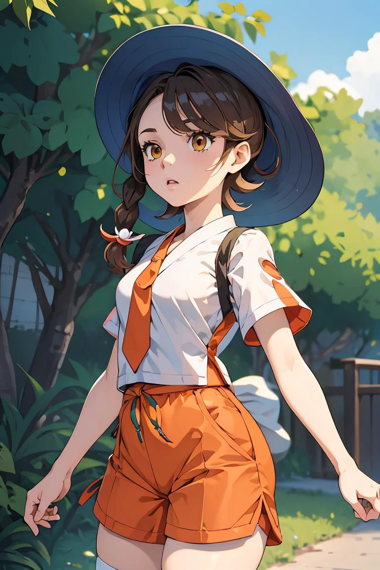 (chef-d&#39;œuvre, meilleure qualité), 1fille,  pokémonjuliana, tresse simple, a, chemise blanche, cravate orange, manches courtes, short orange, queue de cheval latérale, Chemise verte, kimono court, manches courtes, short vert