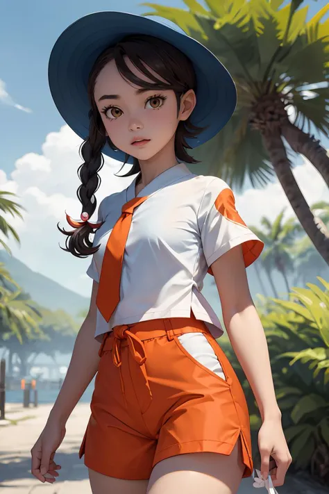 a woman in a hat and orange shorts walking down a street