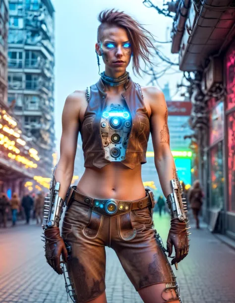 cyborg robotic woman wearing short brown wild leather Hosn hot pant, mechanical arms, broken robotic face, cyberpunk munich city, skyline, neon lights,,