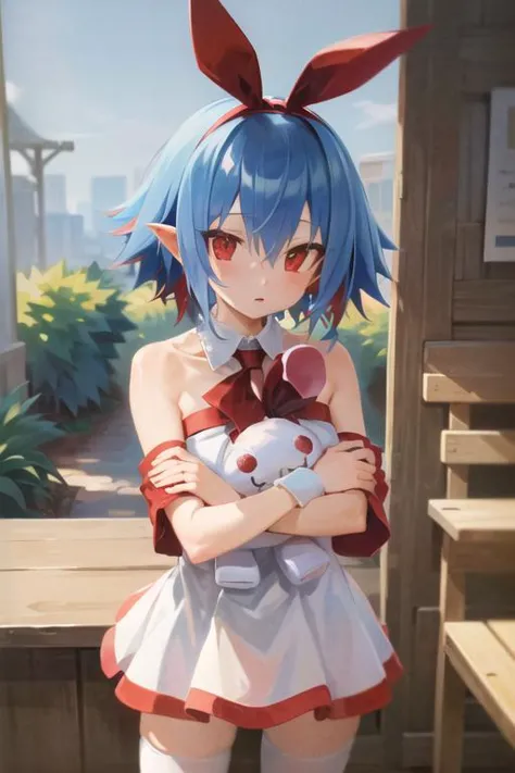 (masterpiece, best quality, highres, absurdres, ultra-detailed:1.3), 1girl ((hugging stuffed plush rabbit)),  <lora:disgaea_plei...