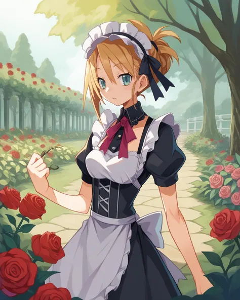 score_9, score_8_up, score_7_up, source_anime, solo, 1girl, rose garden, maid, cowboy shot, harada takehito, <lora:harada_takehi...