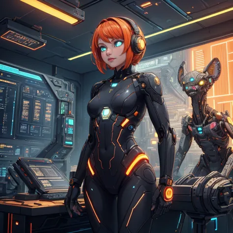 a woman in a futuristic suit standing next to a robot