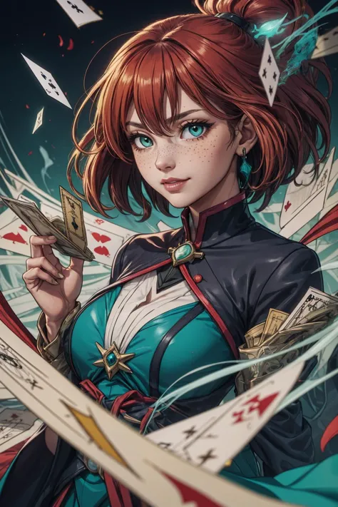 a woman with red hair holding a gun and playing cards