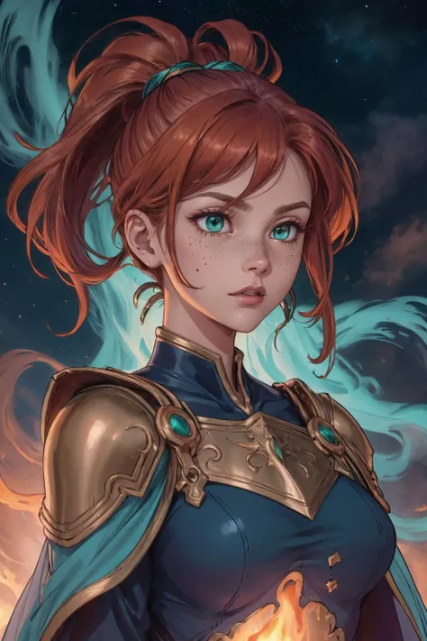 a woman with red hair and blue eyes is holding a fire