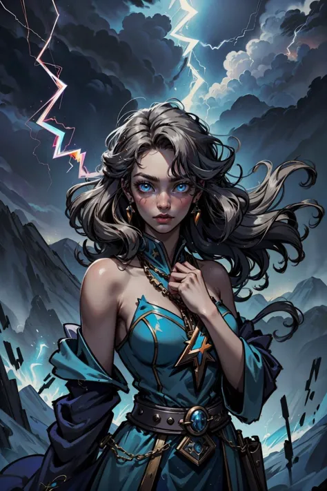 a woman in a blue dress holding a sword and lightning